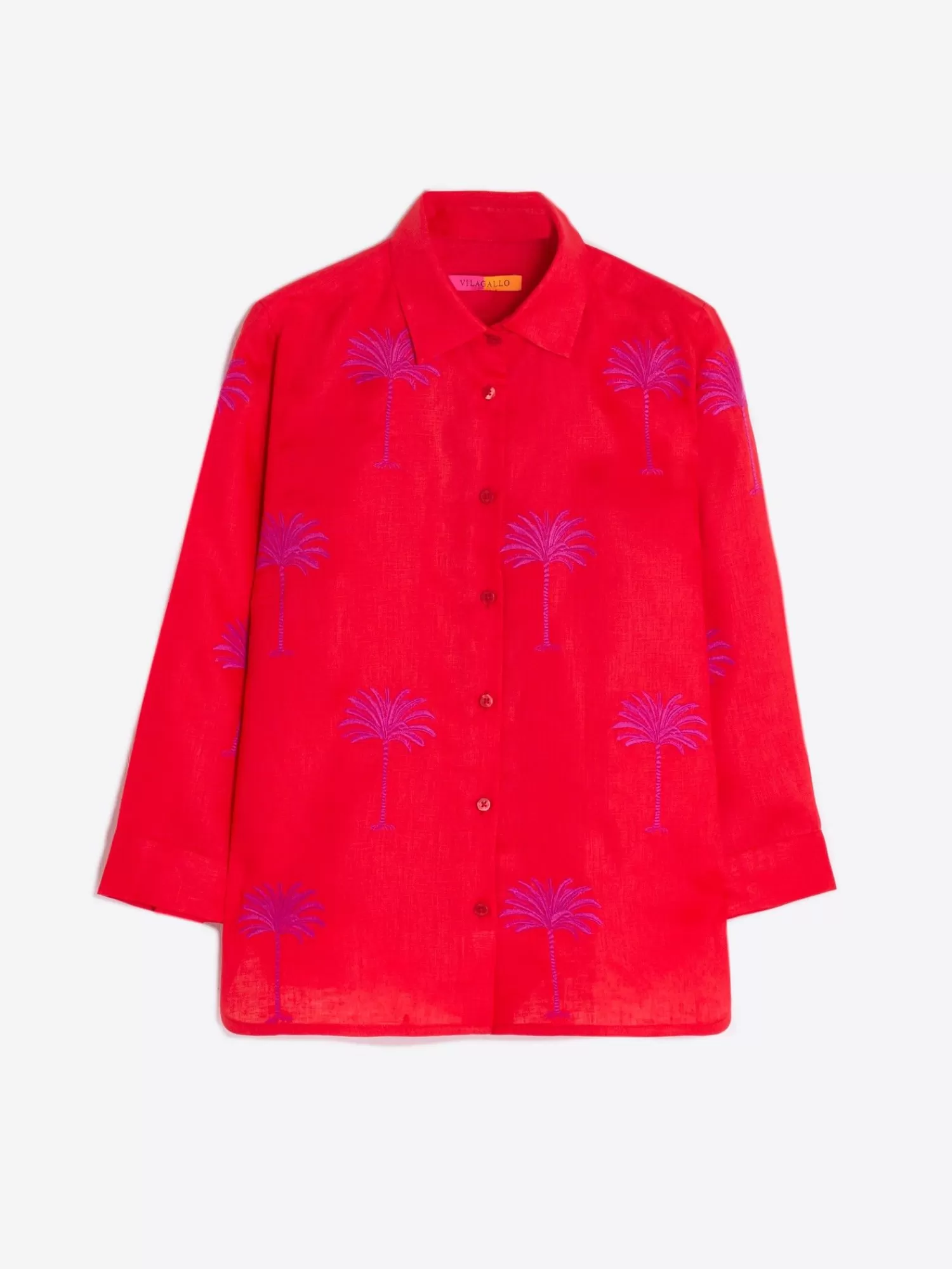 Mujer Vilagallo Camisa Coral 100% Lino Bordado Palmeras