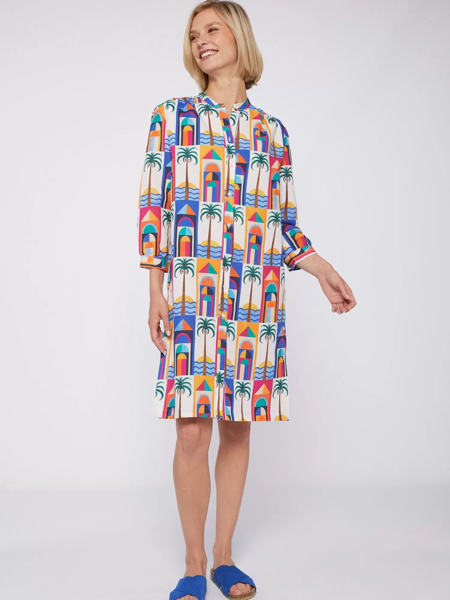 Mujer Vilagallo Vestido 100% Lino Estampado Palmera